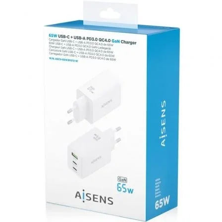 Aisens Cargador GaN 65W con 2xUSB-C y 1xUSB-A Blanco Aisens Cargador GaN 65W con 2xUSB-C y 1xUSB-A Blanco